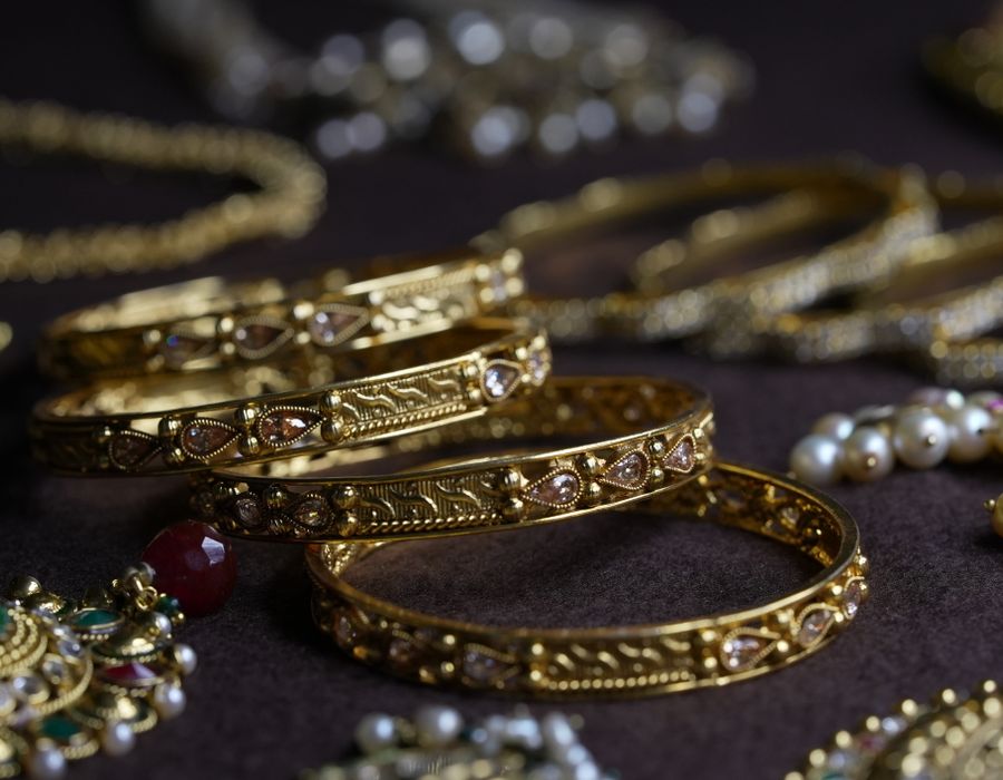 Traditional gold jewellery with ornate temple-inspired craftsmanship
